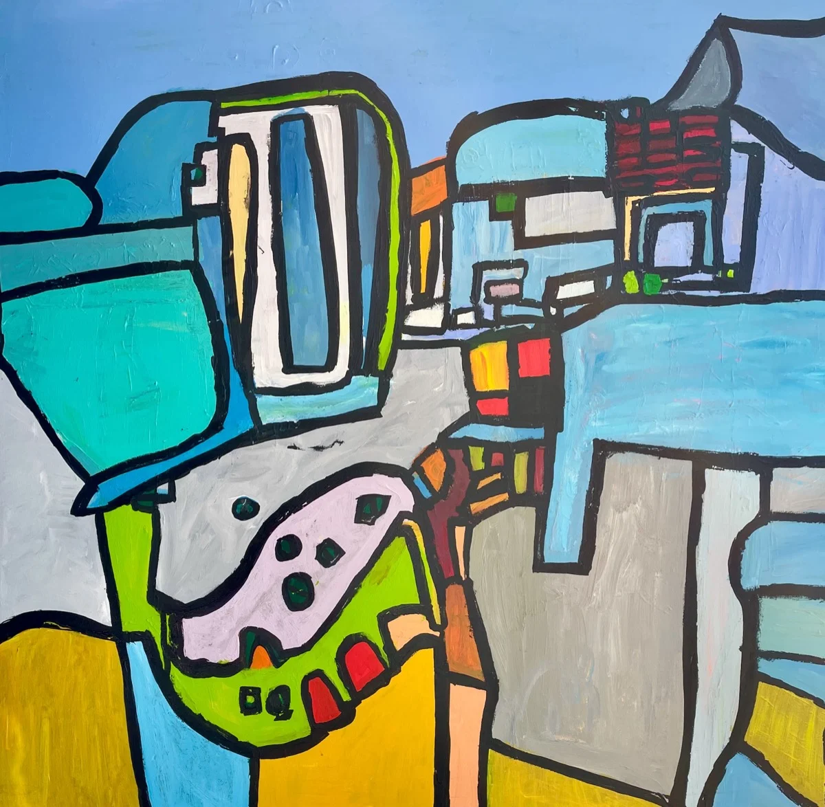 Blauw dorp — schilderij door Yolanda van Ravens, 100 × 100 cm